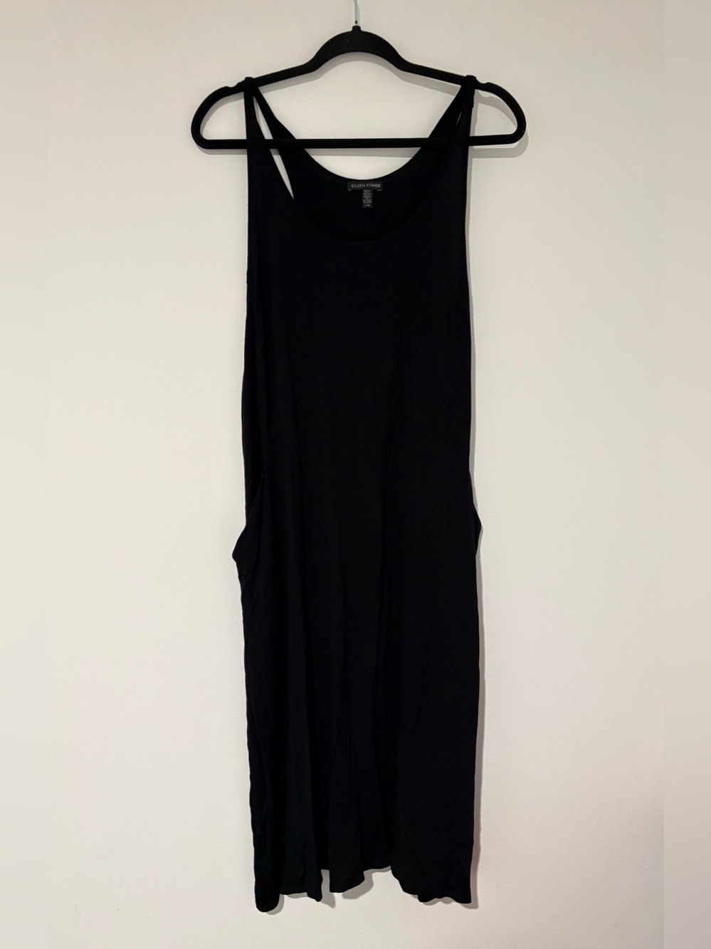 Eileen Fisher Women’s Black Sleeveless Midi Swing Dress Pockets Stretch Large